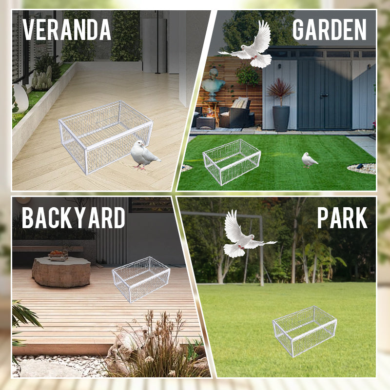 Gentle humane bird trap cage for safe garden pest control. Ideal for outdoor animal & wildlife management.