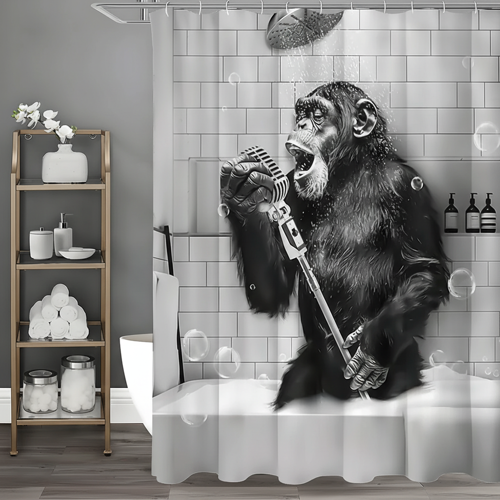 Humorous black and white monkey print waterproof shower curtain for a fun bathroom decor