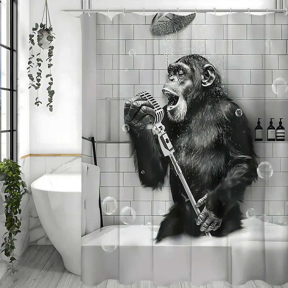 Close-up of a humorous monkey on a waterproof shower curtain, ideal for home decor
