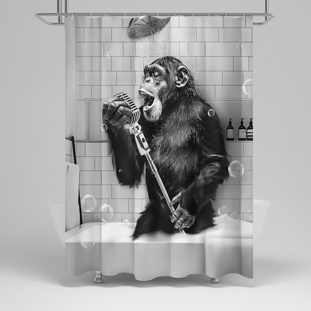 Full view of 'ShowerChimp' monkey print shower curtain, a unique bathroom accessory