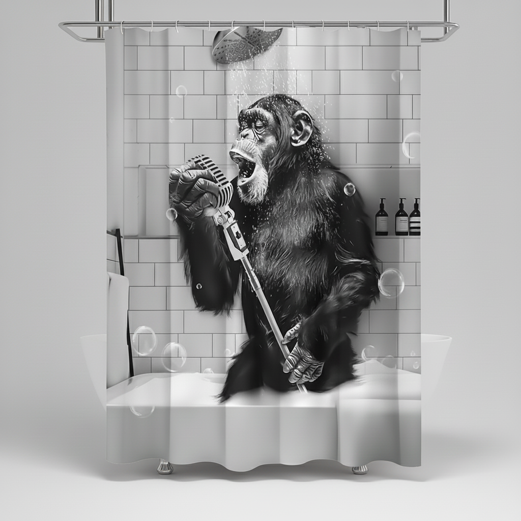 Easy-clean black and white monkey shower curtain, adding a humorous touch to any bathroom