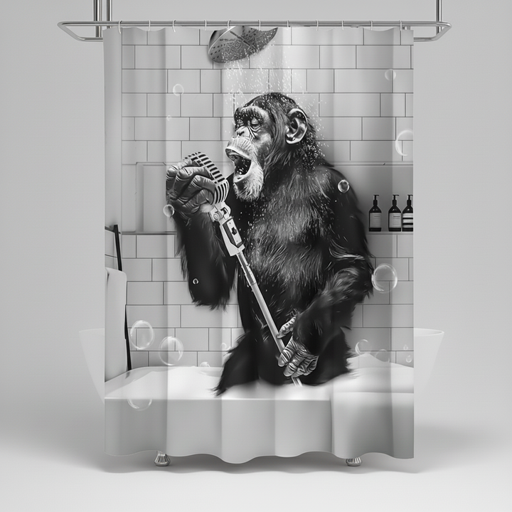 Easy-clean black and white monkey shower curtain, adding a humorous touch to any bathroom