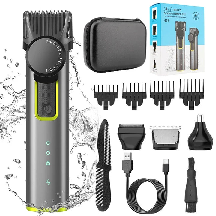 HydroTrim 4-in-1 cordless beard trimmer and hair clipper kit for men's and women's grooming.