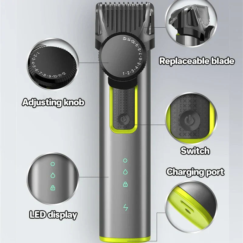 Unisex HydroTrim grooming kit featuring a versatile cordless hair clipper and beard trimmer.