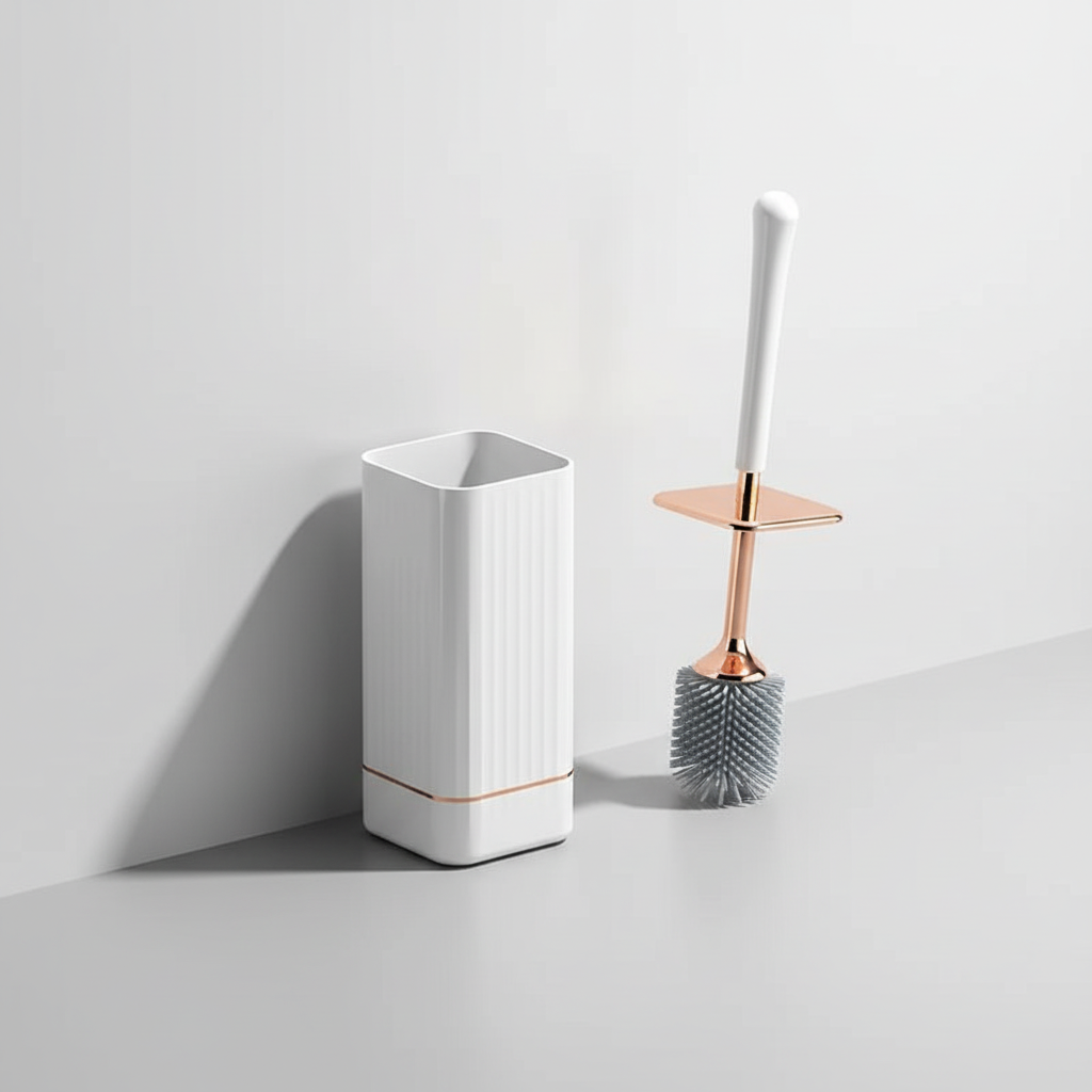 Space-saving wall-mounted plastic toilet brush, HygiaMount, in a modern bathroom setting