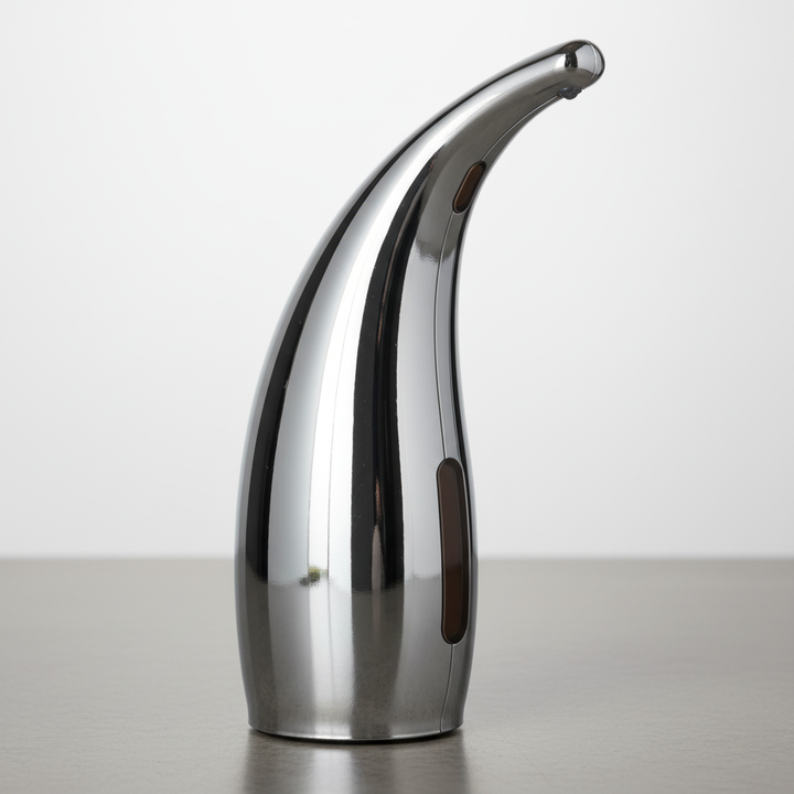 Stainless steel HygioFlow automatic soap dispenser on a bathroom counter, a sleek bathroom accessory