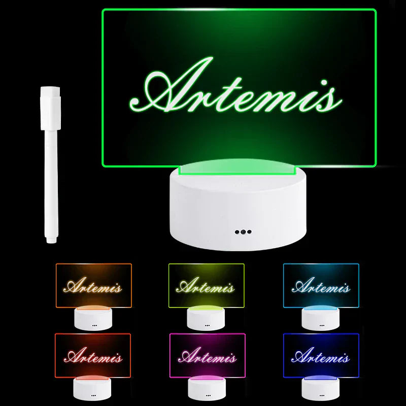 Versatile illuminated message board, showing a personalized handwritten note with LED light