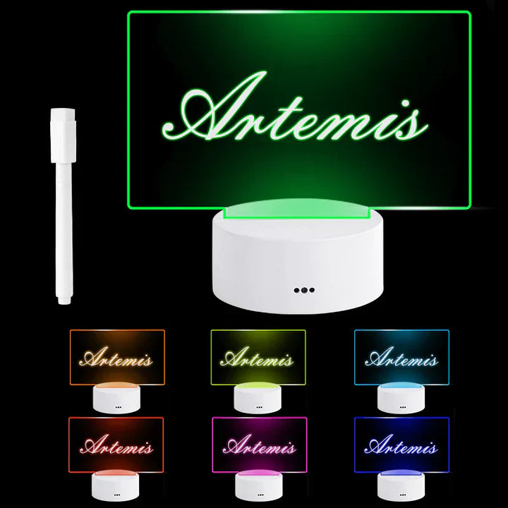 Versatile illuminated message board, showing a personalized handwritten note with LED light