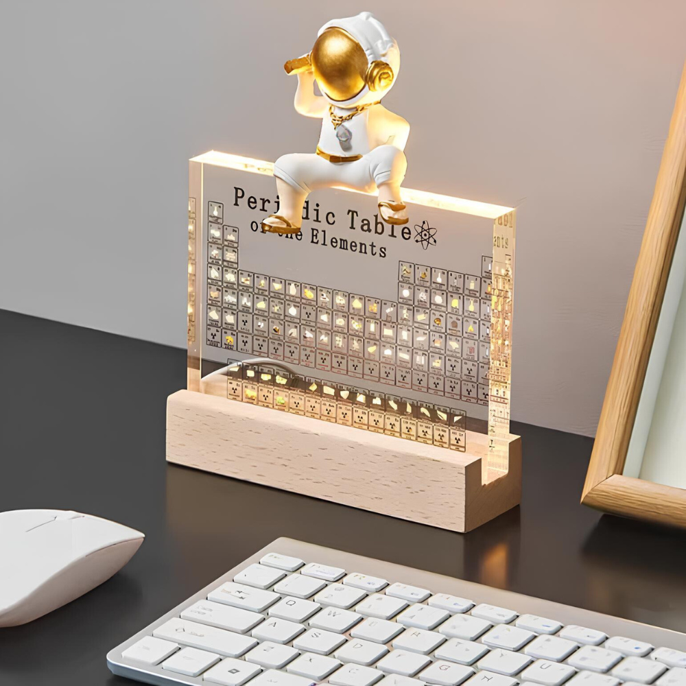 Tabletop Illuminated Periodic Table with Real Elements, a conversations starter for science lovers