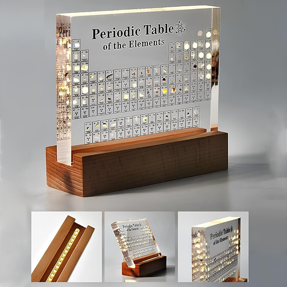 Illuminated Periodic Table with Real Elements, an interactive and visually appealing chemistry display