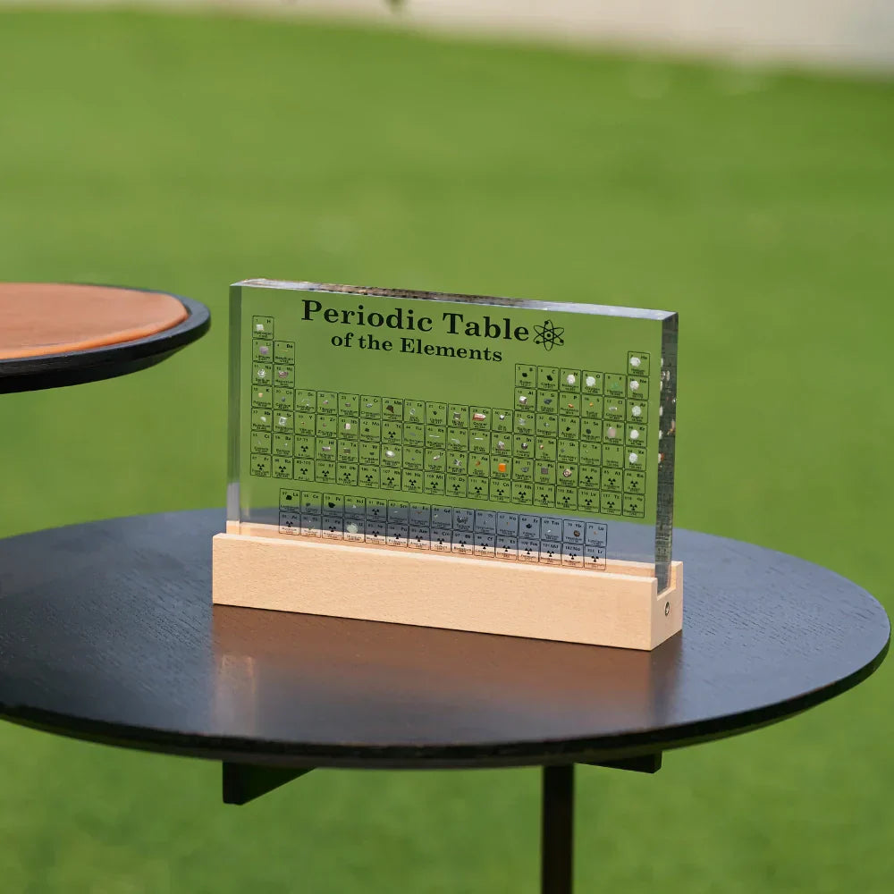 Close-up of Elementa Illuminated Periodic Table, showcasing real element samples, chemistry decor