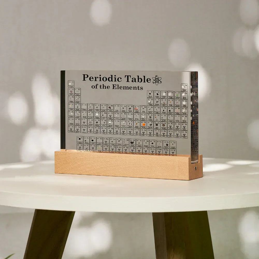 Educational LED-lit Periodic Table with Real Elements, a unique chemistry gift and home decor