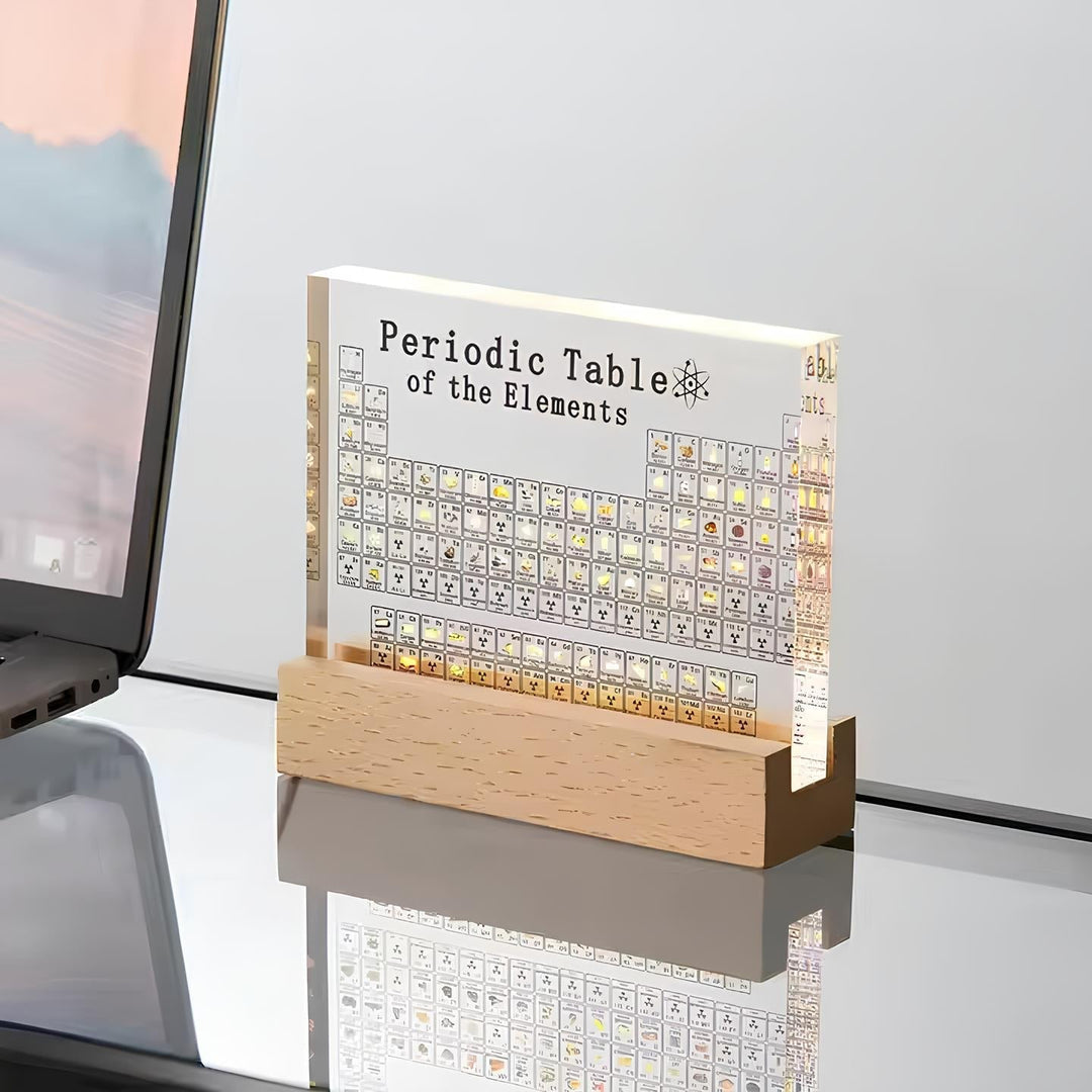 Full display of the Illuminated Periodic Table with Real Elements, a stunning piece of science decor