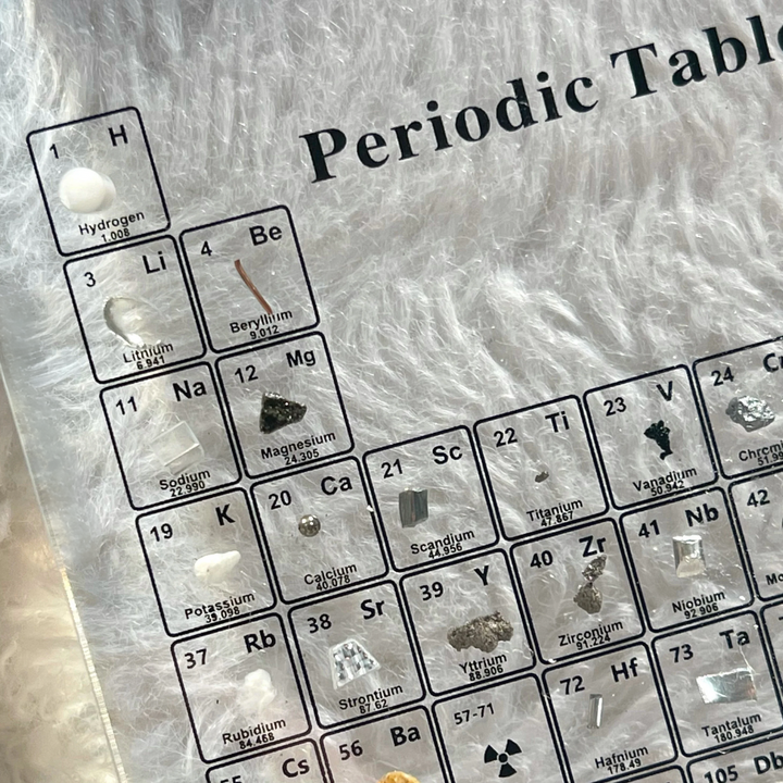 Glowing Periodieke Tabel met Echte Elementen, perfect for chemistry enthusiasts and home office
