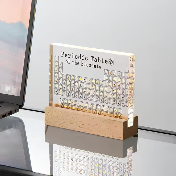Brightly lit periodic table, highlighting real elements for an immersive learning experience