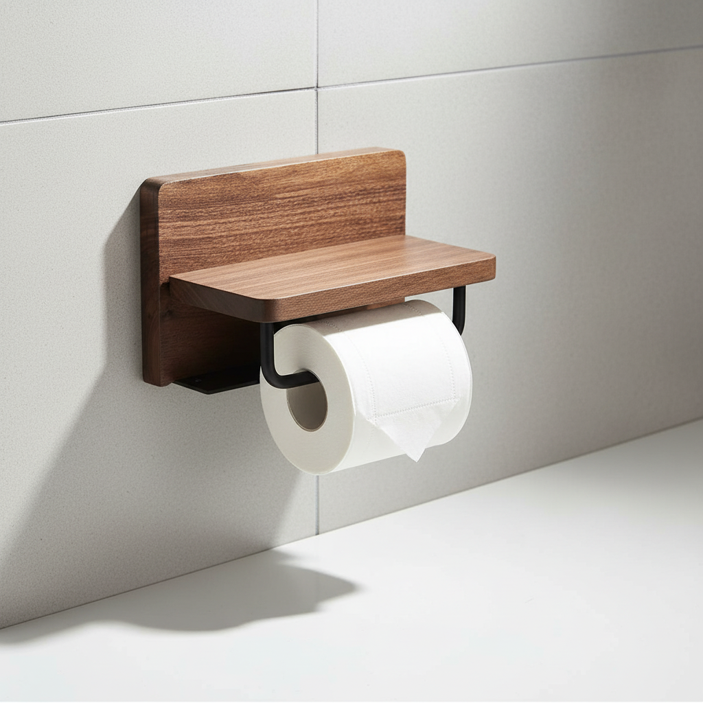 Industrial metal toilet paper holder with wood shelf, antique bronze finish, for rustic bathroom decor.