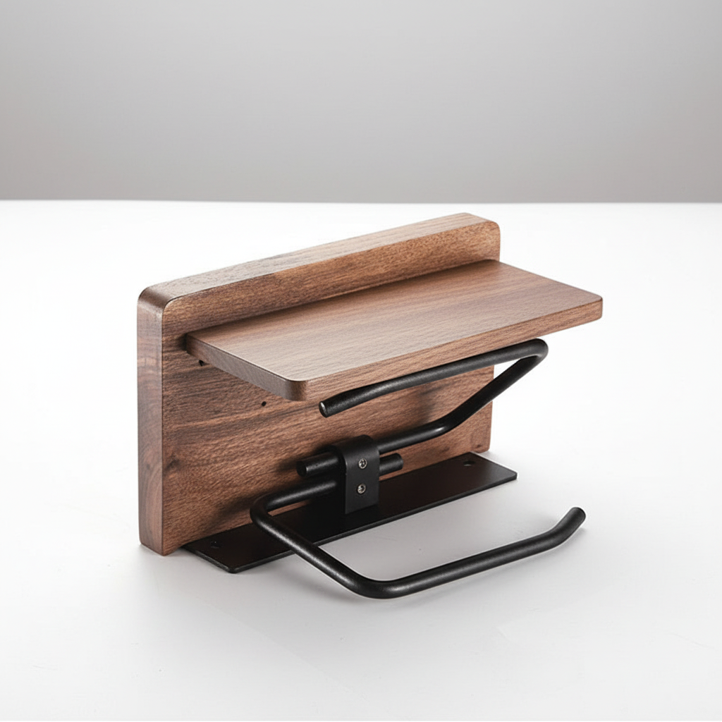 WoodlyKeep industrial design toilet paper holder & storage shelf for bathroom decor