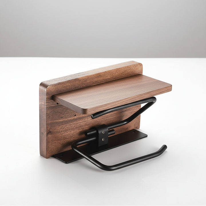 Space-saving industrial toilet paper holder with natural wood shelf, perfect for small bathrooms.