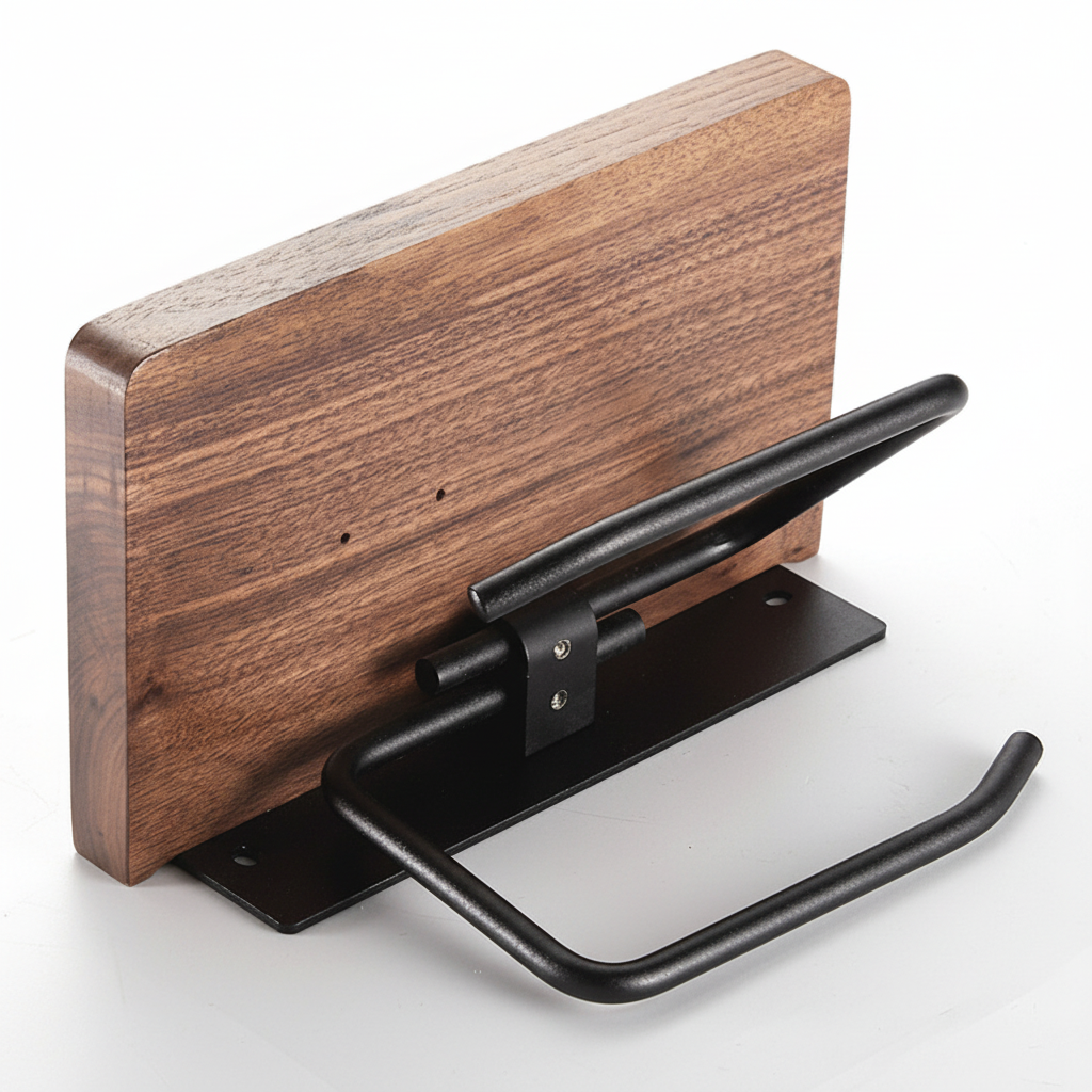 Metal toilet paper holder with rustic wood shelf, space-saving bathroom accessory