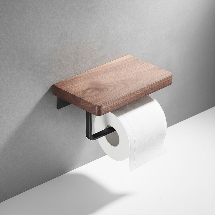 Close-up of industrial toilet paper holder featuring a sturdy metal fixture and smooth wood shelf.