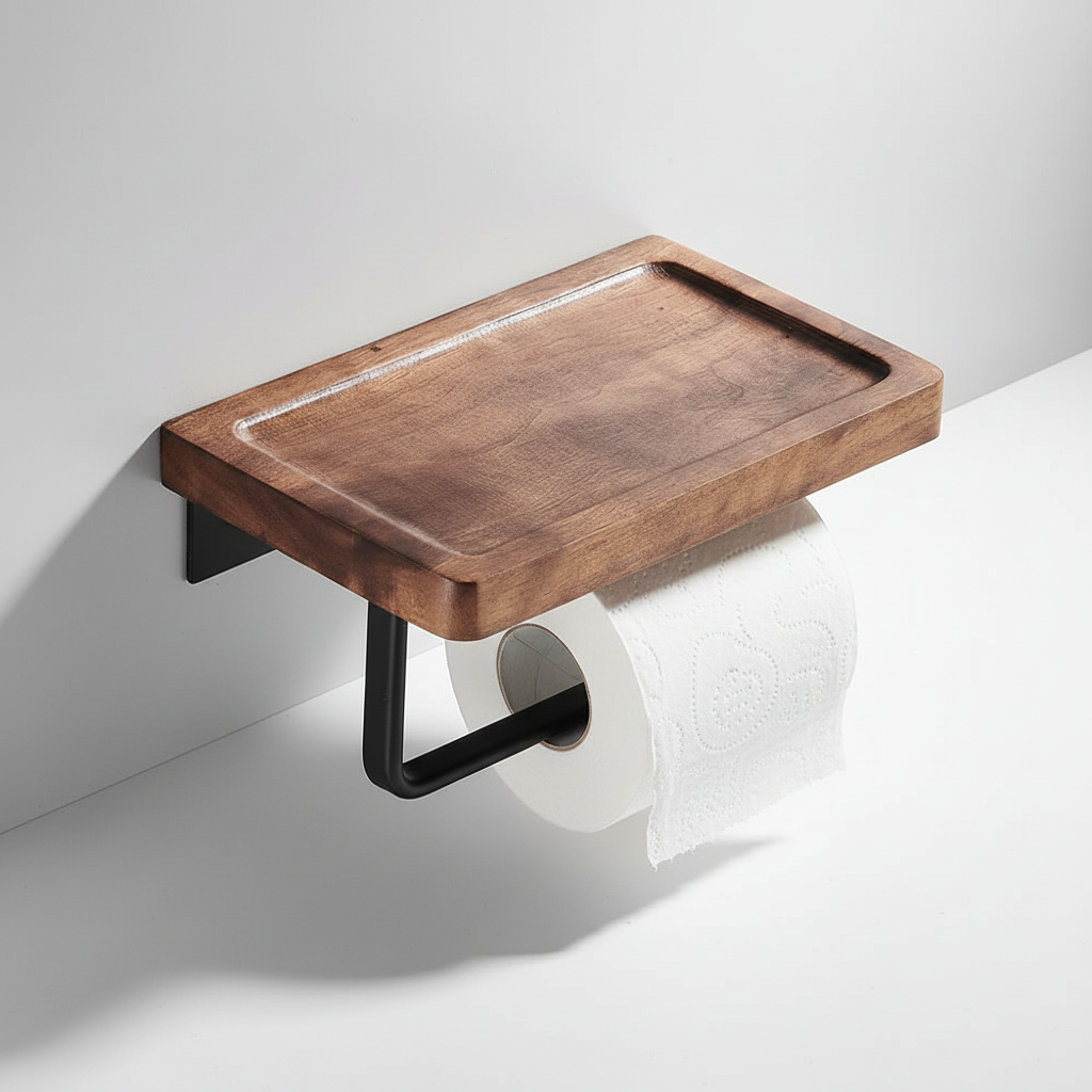 Wall-mounted industrial toilet paper holder with wood shelf, ideal for modern farmhouse bathrooms.
