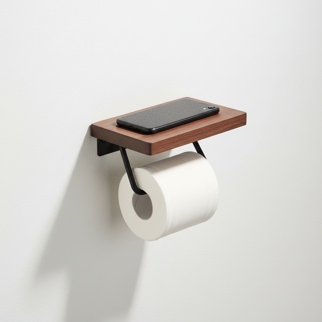 Close-up of WoodlyKeep industrial toilet paper holder, wood and metal design detail