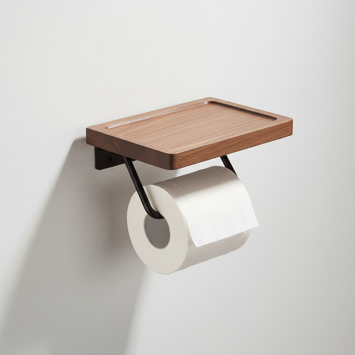 Bathroom organizer: industrial metal toilet paper holder and wood shelf for home decor accent.