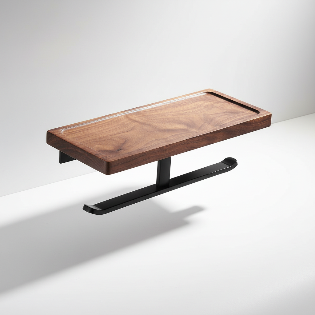 Minimalist industrial toilet paper holder with a solid wood shelf, blending style and utility.