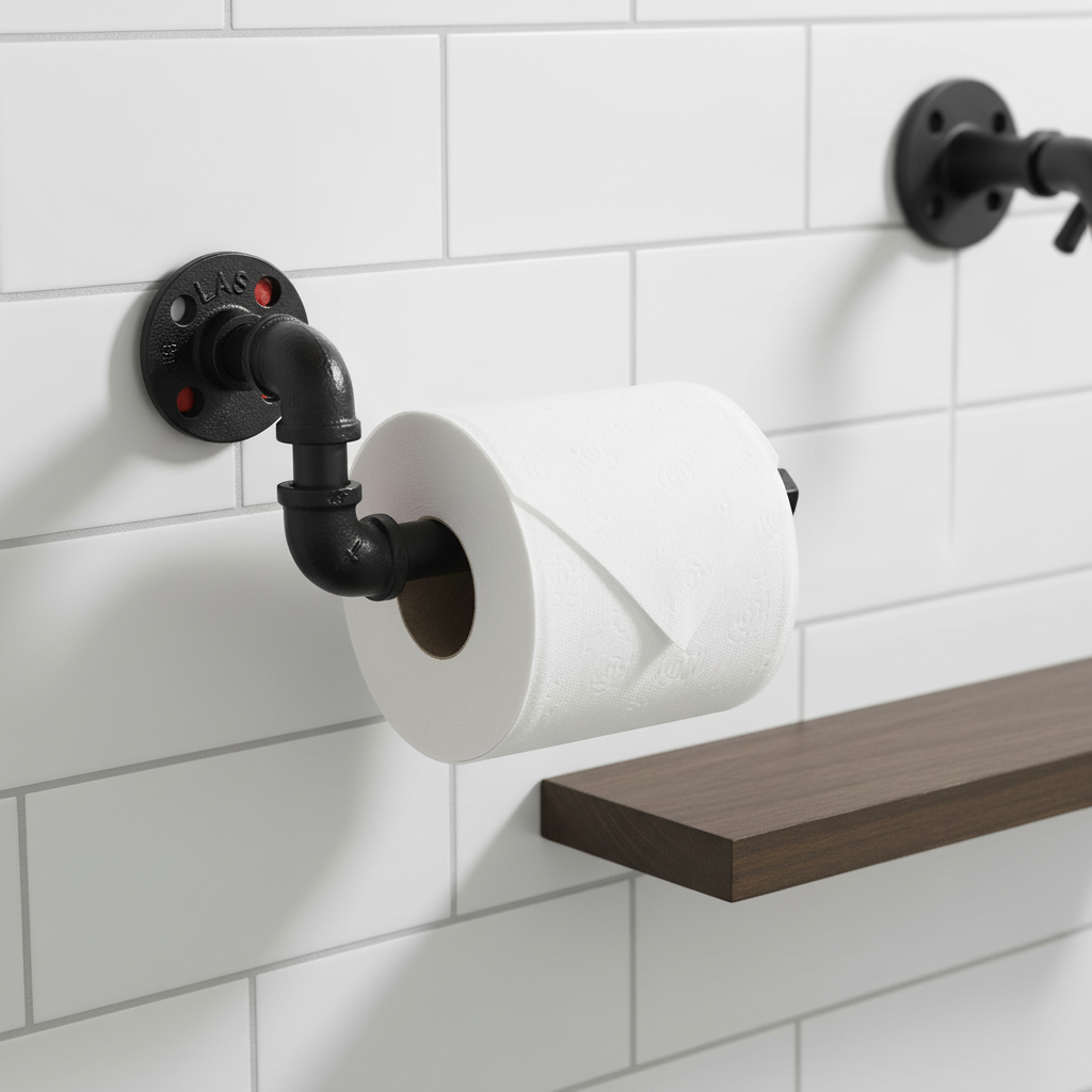 Industrial pipe style toilet paper holder in matte black cast iron, rustic bathroom decor