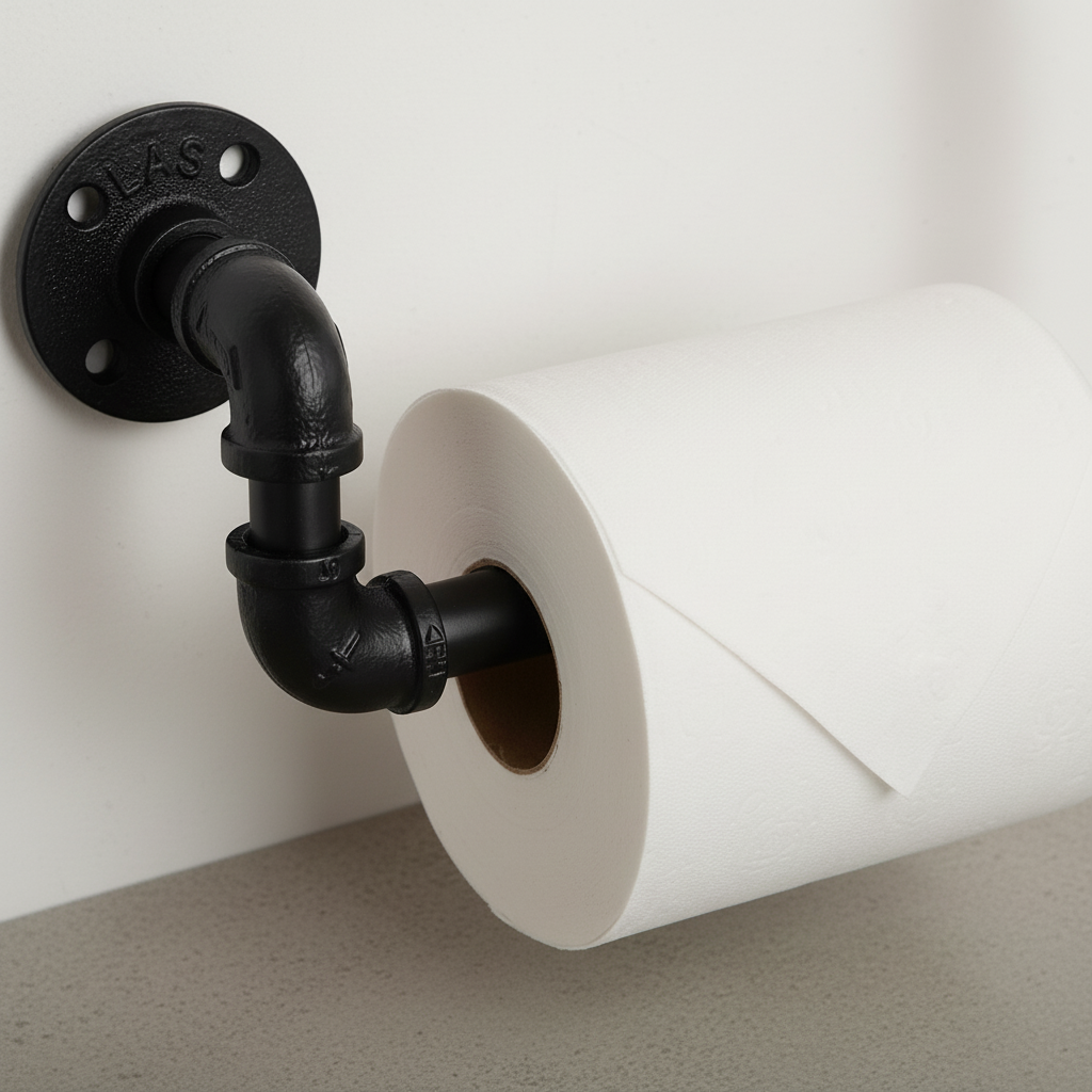 Rustic style toilet paper holder, CastForge industrial pipe design, bathroom storage solution
