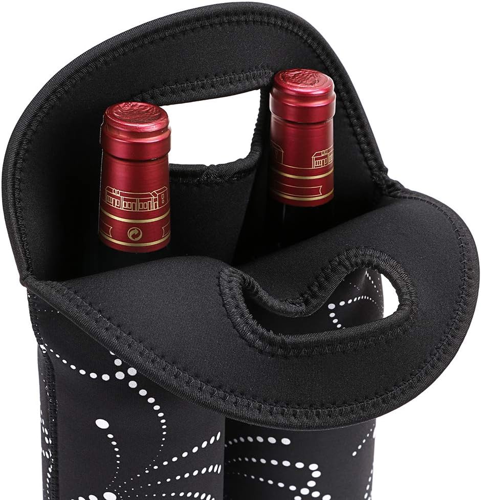 Compact neoprene wine carrier, holds two standard bottles safely.