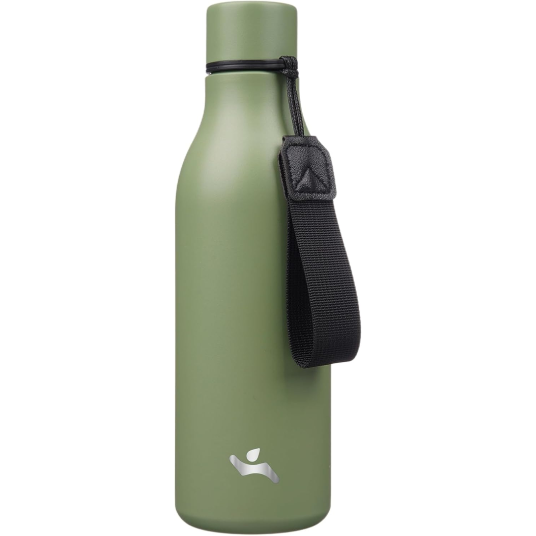 Outdoor ready insulated stainless steel bottle with carrying strap for adventure hydration.