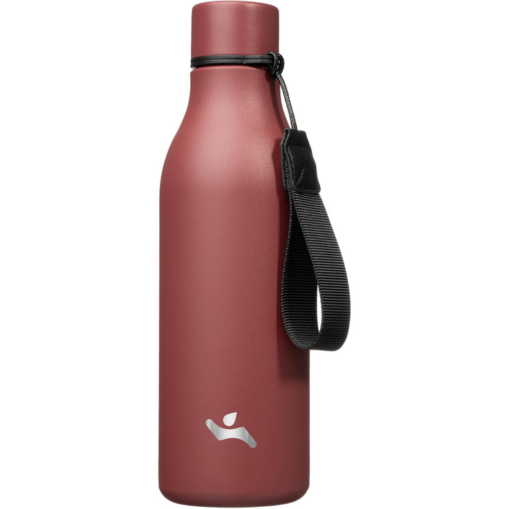 Stainless steel insulated water bottle with carrying strap for everyday hydration.