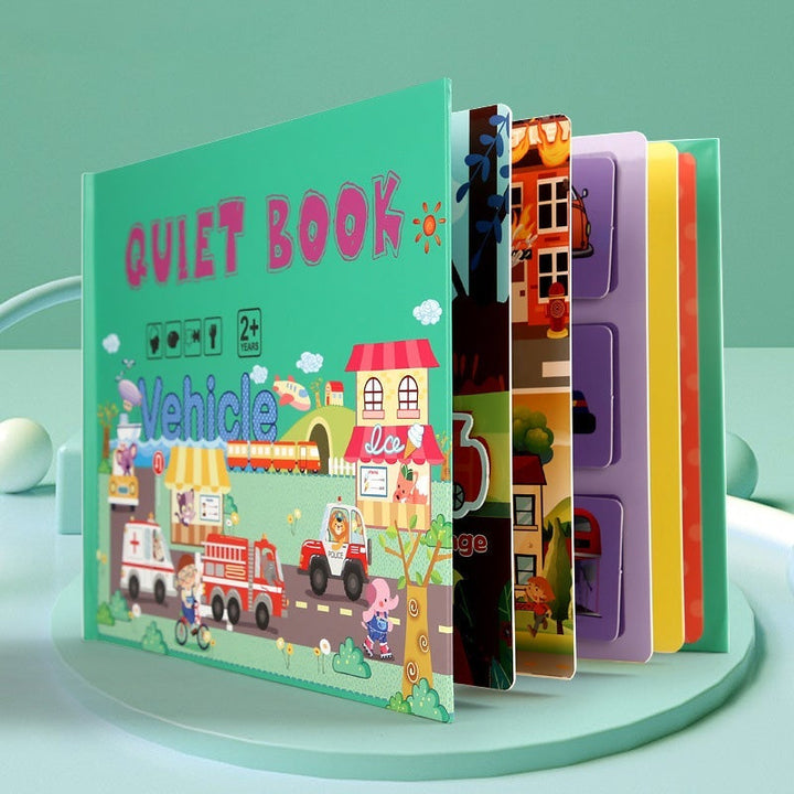 Educational travel toy: LearnJoy interactive busy book for children to practice motor & cognitive skills.