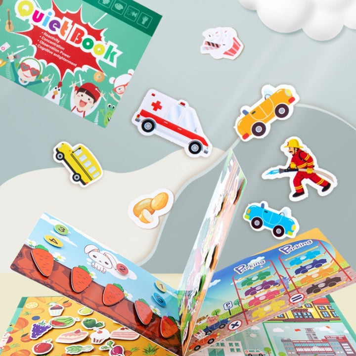 Children's interactive busy book fosters creativity, concentration, and fine motor skills in young learners.