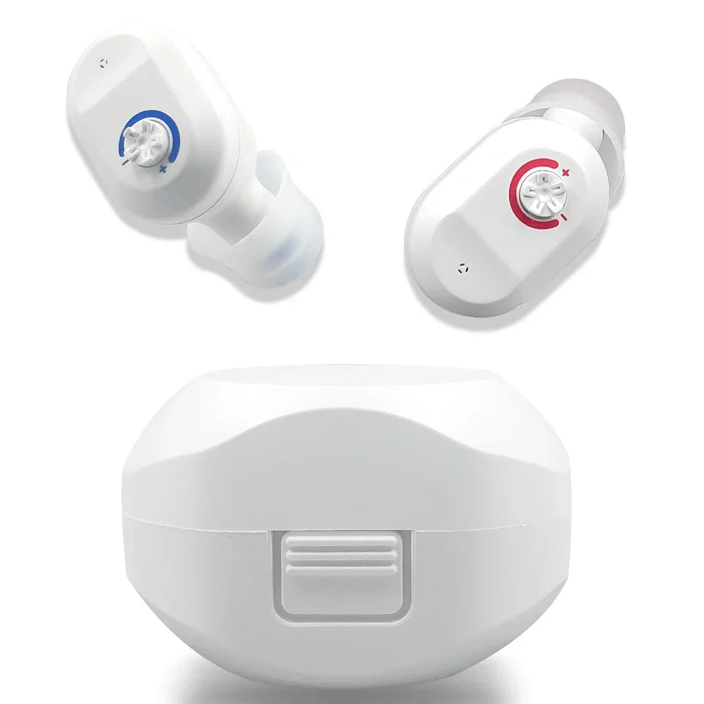 Close-up of a ClearMini 2025 mini in-ear hearing aid, highlighting its discreet design and rechargeable feature