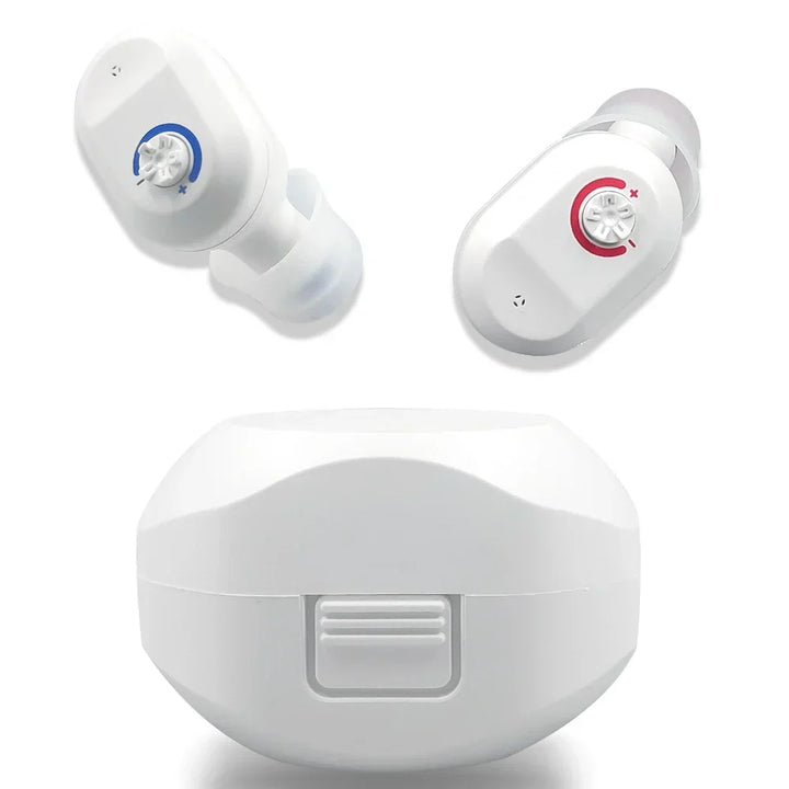 Close-up of a ClearMini 2025 mini in-ear hearing aid, highlighting its discreet design and rechargeable feature