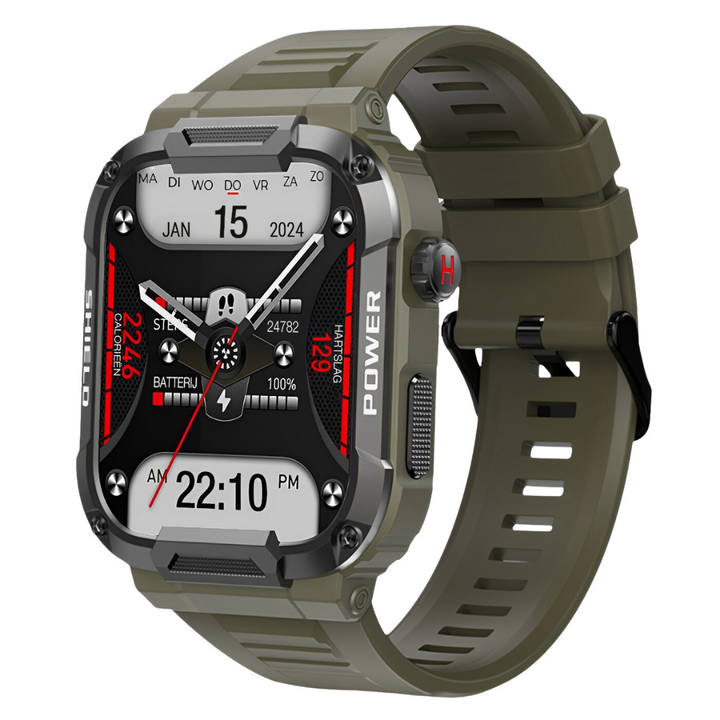Close-up of IronPulse X1 men's durable smartwatch screen, displaying heart rate & activity tracking data for fitness.