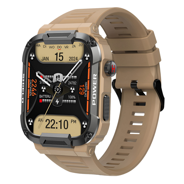 Man hiking outdoors wearing IronPulse X1 rugged smartwatch, showcasing its durable design, GPS, and adventure readiness.