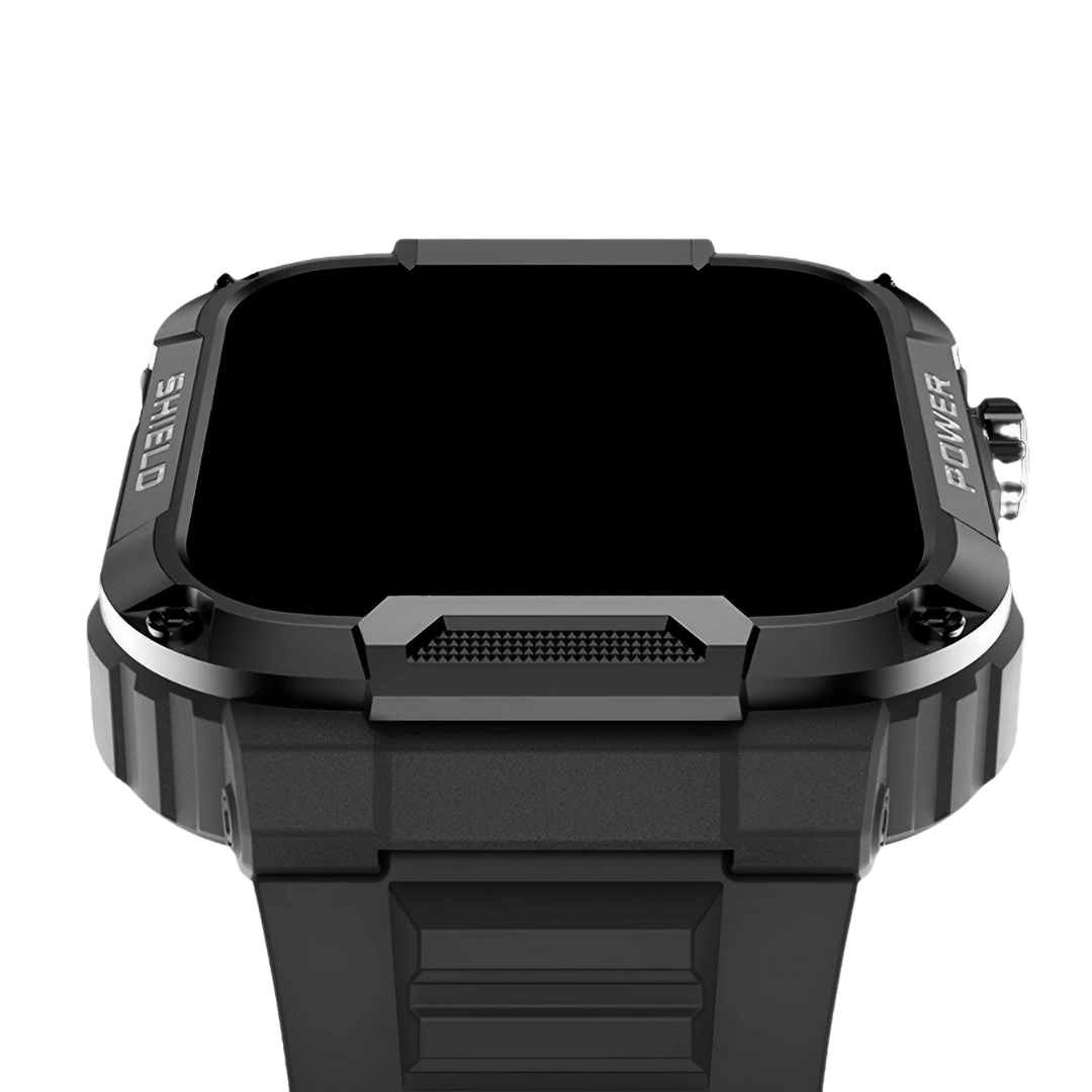 Side view of IronPulse X1 men's durable smartwatch, highlighting its rugged casing & comfortable strap for outdoor use.