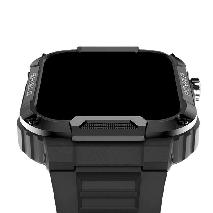 Side view of IronPulse X1 men's durable smartwatch, highlighting its rugged casing & comfortable strap for outdoor use.