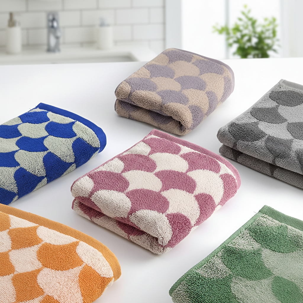 Jacquard cotton hand towel with intricate fan design, perfect for luxury bathroom decor and soft touch.