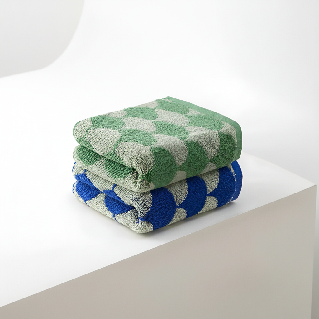 Close-up of a Jacquard cotton hand towel, showcasing its detailed fan design and plush, absorbent texture.