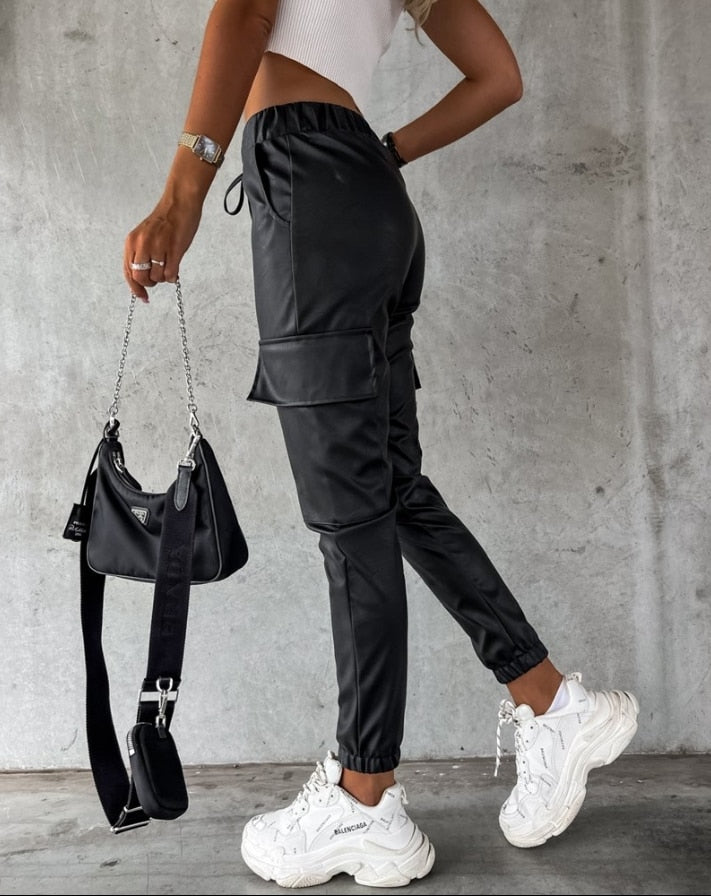 Jade women's faux leather cargo trousers for an edgy yet comfortable look. Versatile for casual or night out.