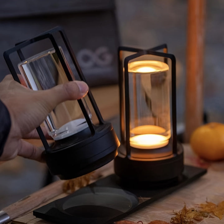 Modern LED touch lamp. Rechargeable cordless table light for ambient mood lighting and zen decor.