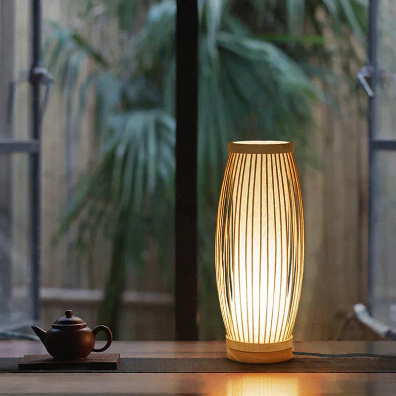 Japanese style wood & rice paper table lamp, perfect for minimalist Zen decor and ambient lighting.