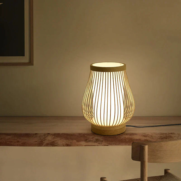 Handcrafted Japanese wood & rice paper lamp. Asian style table lamp for serene home decor and ambient light.