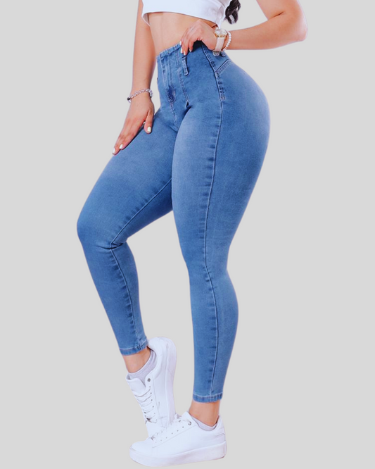 Jeans push up de mujer, mezclilla azul oscuro, efecto faja, realza glúteos.