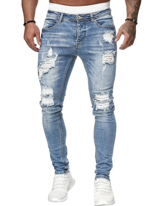 Jeans skinny hombre con roturas, estilo urbano y moderno, tejido elástico de denim.