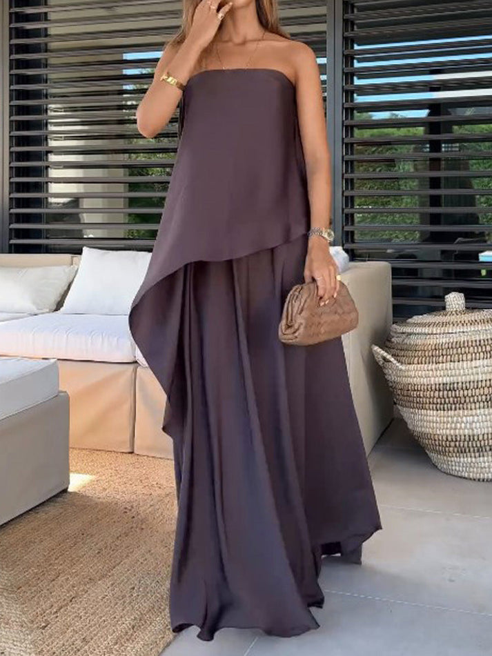 Jolina purple off-shoulder blouse & flowing maxi skirt two-piece set for women. Perfect summer vacation outfit.